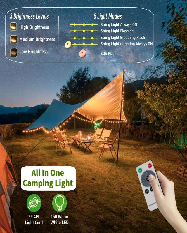 Alt view image 4 of 7 - Solar Camping String Lights, 39.4 FT Fairy String Light, 4 in 1 Portable Waterproof Camp LED Lamp with 8 Lighting Modes, Hanging Rechargeable Tent Lantern for Outdoor Garden Patio Party Essentials