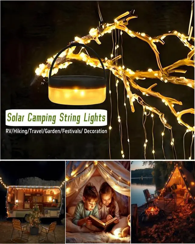 Alt view image 5 of 7 - Solar Camping String Lights, 39.4 FT Fairy String Light, 4 in 1 Portable Waterproof Camp LED Lamp with 8 Lighting Modes, Hanging Rechargeable Tent Lantern for Outdoor Garden Patio Party Essentials