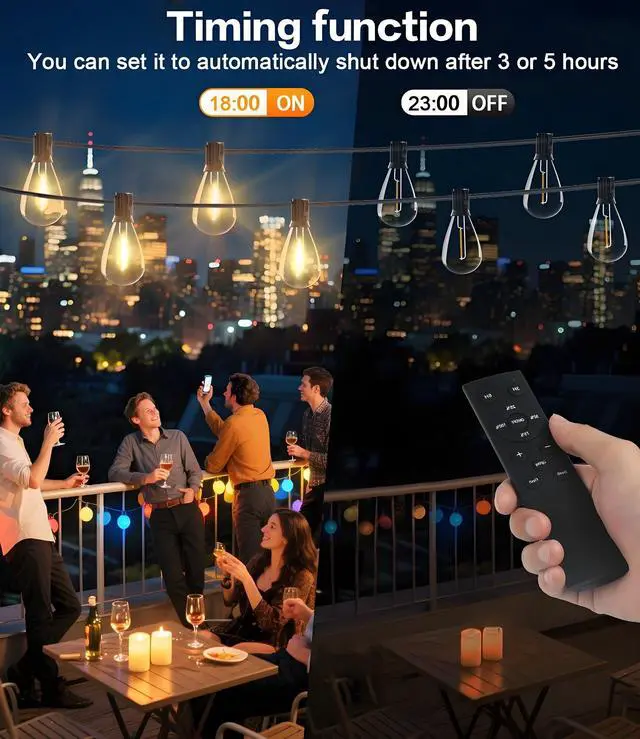 Alt view image 4 of 7 - 50FT LED Outdoor String Lights with Remote,16+ 1 Shatterproof Bulbs Waterproof and Dimmable Patio Lights for Porch, Garden, Backyard, Deck, Balcony, Hanging Lighting Decor