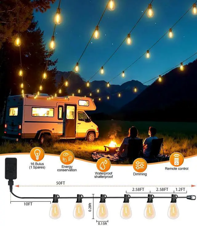 Alt view image 6 of 7 - 50FT LED Outdoor String Lights with Remote,16+ 1 Shatterproof Bulbs Waterproof and Dimmable Patio Lights for Porch, Garden, Backyard, Deck, Balcony, Hanging Lighting Decor