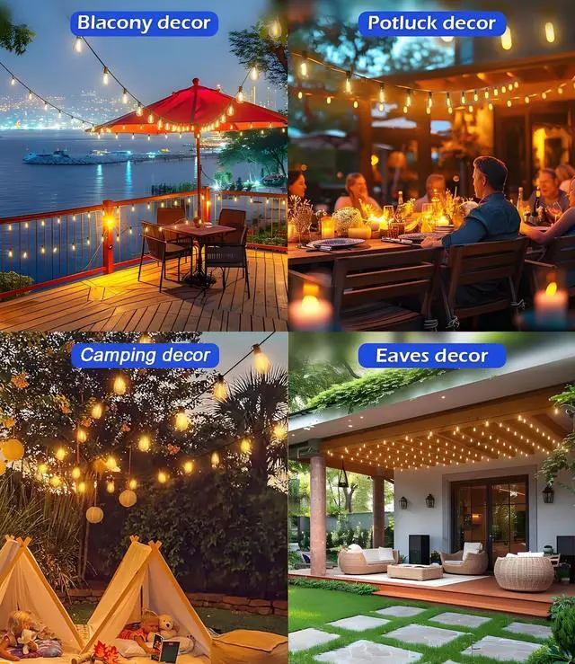 Alt view image 7 of 7 - 50FT LED Outdoor String Lights with Remote,16+ 1 Shatterproof Bulbs Waterproof and Dimmable Patio Lights for Porch, Garden, Backyard, Deck, Balcony, Hanging Lighting Decor