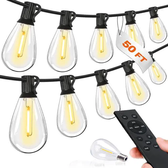Main image of 50FT LED Outdoor String Lights with Remote,16+ 1 Shatterproof Bulbs Waterproof and Dimmable Patio Lights for Porch, Garden, Backyard, Deck, Balcony, Hanging Lighting Decor