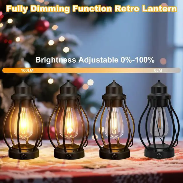 Alt view image 3 of 7 - Battery-Powered LED Lanterns Vintage Lights for Camping, 2 Pack Rechargeable Lantern with Dimmerble Warm White Edison Bulb, Waterproof Hanging Light Table Lamp for Outdoor & Indoor Decorative