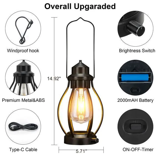 Alt view image 4 of 7 - Battery-Powered LED Lanterns Vintage Lights for Camping, 2 Pack Rechargeable Lantern with Dimmerble Warm White Edison Bulb, Waterproof Hanging Light Table Lamp for Outdoor & Indoor Decorative
