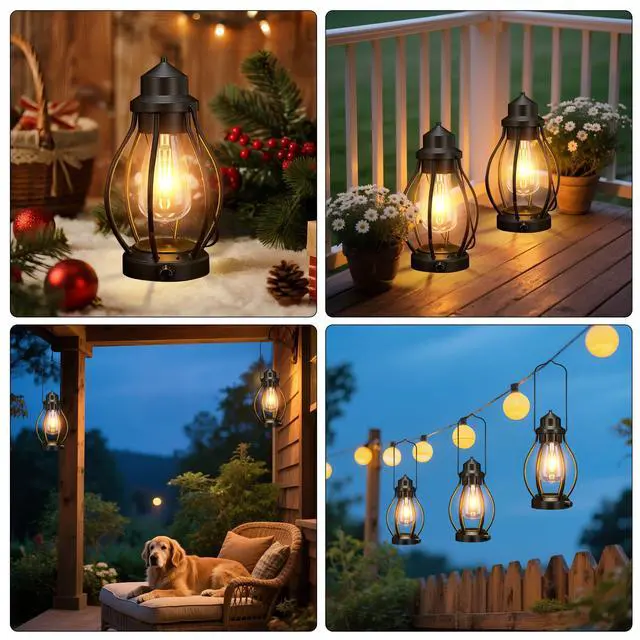 Alt view image 5 of 7 - Battery-Powered LED Lanterns Vintage Lights for Camping, 2 Pack Rechargeable Lantern with Dimmerble Warm White Edison Bulb, Waterproof Hanging Light Table Lamp for Outdoor & Indoor Decorative