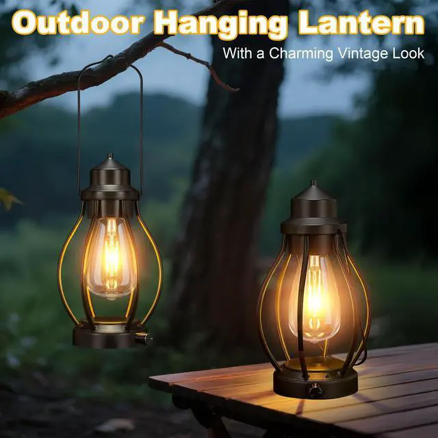 Alt view image 6 of 7 - Battery-Powered LED Lanterns Vintage Lights for Camping, 2 Pack Rechargeable Lantern with Dimmerble Warm White Edison Bulb, Waterproof Hanging Light Table Lamp for Outdoor & Indoor Decorative