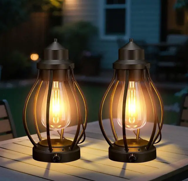 Main image of Battery-Powered LED Lanterns Vintage Lights for Camping, 2 Pack Rechargeable Lantern with Dimmerble Warm White Edison Bulb, Waterproof Hanging Light Table Lamp for Outdoor & Indoor Decorative