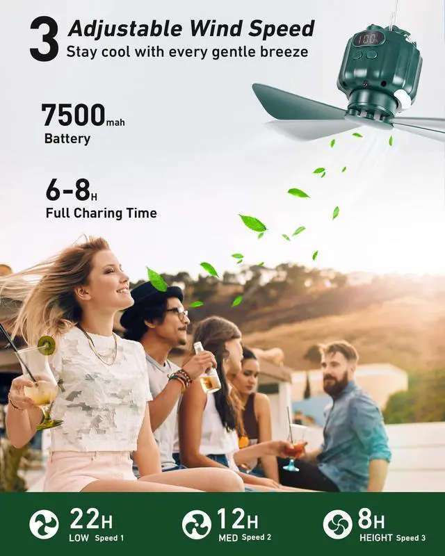 Alt view image 5 of 7 - Tent Ceiling Fans for Camping Hanging, Portable Tent Fans with Light and Remote Control, Power Bank, USB Battery Operated Camping Fan with Hanging Hook for Outdoor, Car, RV