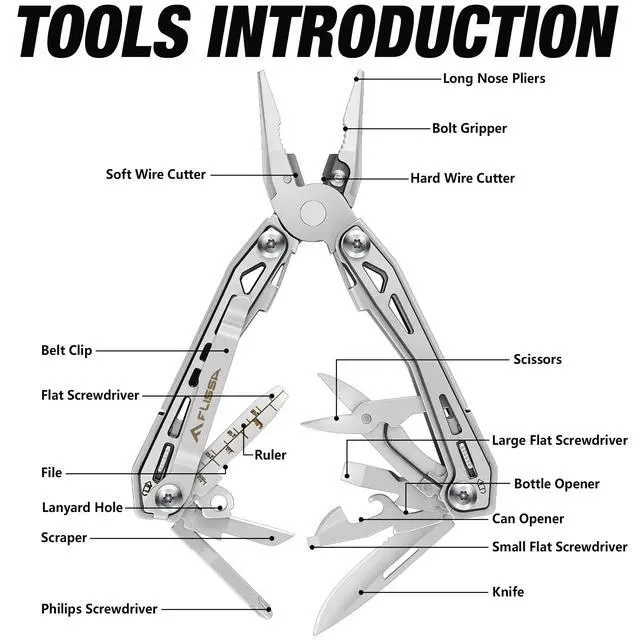 Alt view image 3 of 7 - 16-in-1 Stainless Steel Multi Tool, Gifts for Men Dad, EDC Multitool with Pocket Knife, Pliers, Belt Clip and Oxford Sheath, Self-locking Utility Multi-Tool for Camping Survival Outdoor