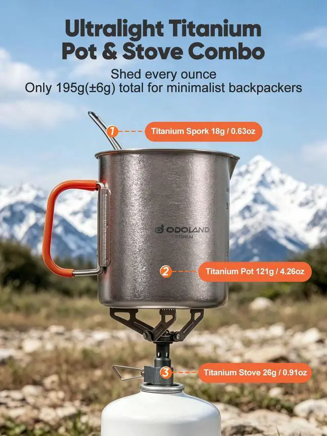 Alt view image 2 of 7 - Titanium Camping Cookware 750ML Titanium Pot with Camping Stove and Spork Portable Pot for Backpacking, Hiking, Traveling and Picnic