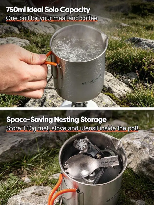 Alt view image 3 of 7 - Titanium Camping Cookware 750ML Titanium Pot with Camping Stove and Spork Portable Pot for Backpacking, Hiking, Traveling and Picnic