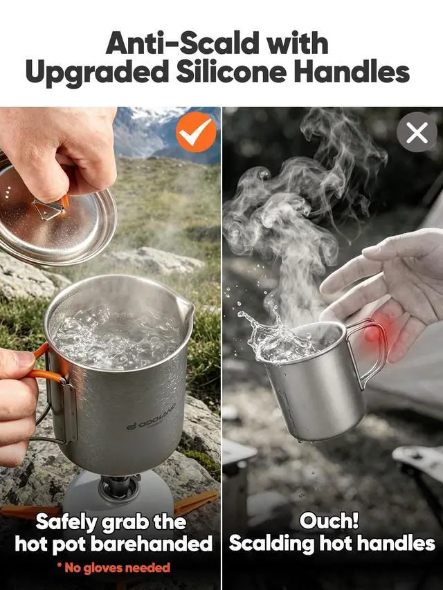 Alt view image 6 of 7 - Titanium Camping Cookware 750ML Titanium Pot with Camping Stove and Spork Portable Pot for Backpacking, Hiking, Traveling and Picnic