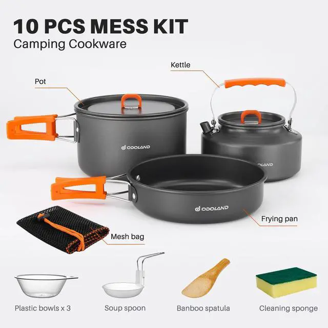 Alt view image 3 of 7 - 10pcs Camping Cookware Camping Pots and Pans Set with Kettle Plastic Bowls and Soup Spoon for Camping, Backpacking, Outdoor Cooking and Picnic