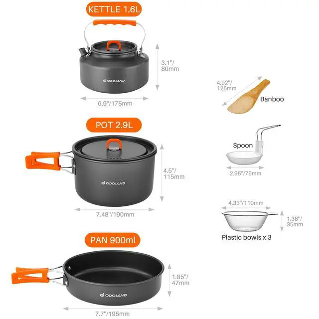 Alt view image 4 of 7 - 10pcs Camping Cookware Camping Pots and Pans Set with Kettle Plastic Bowls and Soup Spoon for Camping, Backpacking, Outdoor Cooking and Picnic