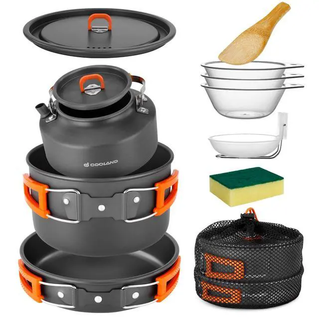 Alt view image 7 of 7 - 10pcs Camping Cookware Camping Pots and Pans Set with Kettle Plastic Bowls and Soup Spoon for Camping, Backpacking, Outdoor Cooking and Picnic