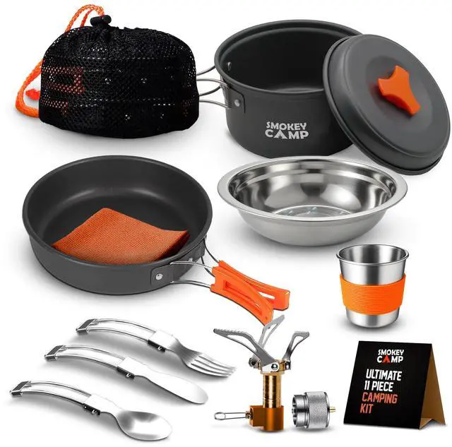 Main image of 11 Pcs Backpacking Cooking Set with Stove & Adapter - Pot, Pan, Stove, Cutlery, Compact Camping Cookware Mess Kit for One Person, All in One Non-Stick Camping Cooking Set, Hiking, Picnic