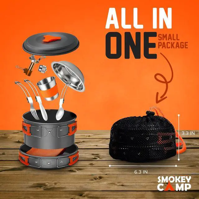 Alt view image 2 of 7 - 11 Pcs Backpacking Cooking Set with Stove & Adapter - Pot, Pan, Stove, Cutlery, Compact Camping Cookware Mess Kit for One Person, All in One Non-Stick Camping Cooking Set, Hiking, Picnic