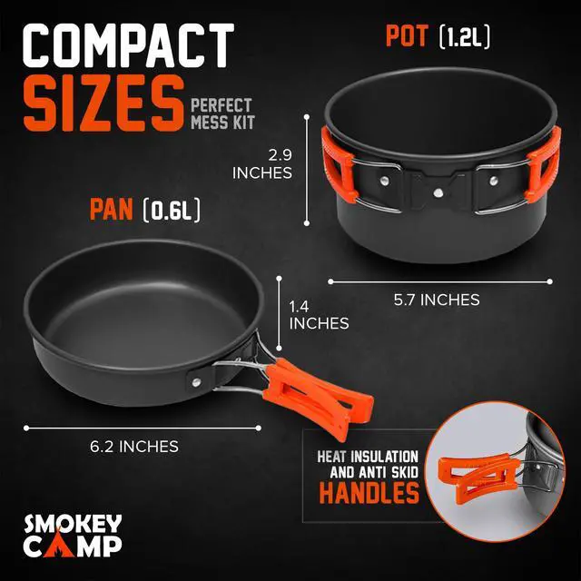 Alt view image 4 of 7 - 11 Pcs Backpacking Cooking Set with Stove & Adapter - Pot, Pan, Stove, Cutlery, Compact Camping Cookware Mess Kit for One Person, All in One Non-Stick Camping Cooking Set, Hiking, Picnic