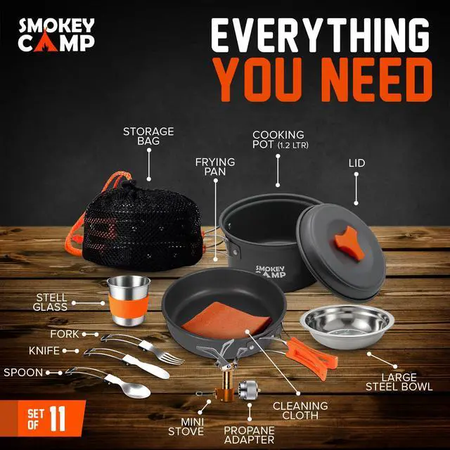 Alt view image 3 of 7 - 11 Pcs Backpacking Cooking Set with Stove & Adapter - Pot, Pan, Stove, Cutlery, Compact Camping Cookware Mess Kit for One Person, All in One Non-Stick Camping Cooking Set, Hiking, Picnic