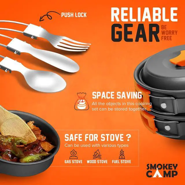 Alt view image 6 of 7 - 11 Pcs Backpacking Cooking Set with Stove & Adapter - Pot, Pan, Stove, Cutlery, Compact Camping Cookware Mess Kit for One Person, All in One Non-Stick Camping Cooking Set, Hiking, Picnic
