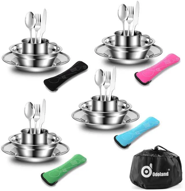 Main image of 29pcs Stainless Steel Utensils Camping Mess Kits with Bowls Plates Cups Forks Spoons and Knives for 4, Camping Cutlery Set for Backpacking, Outdoor Hiking and Picnic