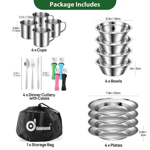 Alt view image 2 of 7 - 29pcs Stainless Steel Utensils Camping Mess Kits with Bowls Plates Cups Forks Spoons and Knives for 4, Camping Cutlery Set for Backpacking, Outdoor Hiking and Picnic
