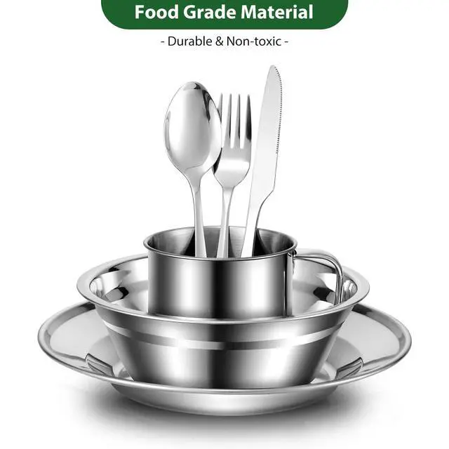 Alt view image 3 of 7 - 29pcs Stainless Steel Utensils Camping Mess Kits with Bowls Plates Cups Forks Spoons and Knives for 4, Camping Cutlery Set for Backpacking, Outdoor Hiking and Picnic
