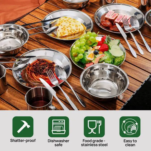 Alt view image 4 of 7 - 29pcs Stainless Steel Utensils Camping Mess Kits with Bowls Plates Cups Forks Spoons and Knives for 4, Camping Cutlery Set for Backpacking, Outdoor Hiking and Picnic