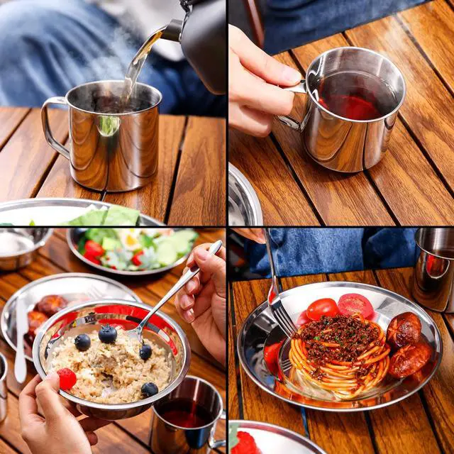 Alt view image 6 of 7 - 29pcs Stainless Steel Utensils Camping Mess Kits with Bowls Plates Cups Forks Spoons and Knives for 4, Camping Cutlery Set for Backpacking, Outdoor Hiking and Picnic