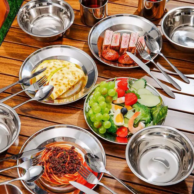 Alt view image 7 of 7 - 29pcs Stainless Steel Utensils Camping Mess Kits with Bowls Plates Cups Forks Spoons and Knives for 4, Camping Cutlery Set for Backpacking, Outdoor Hiking and Picnic