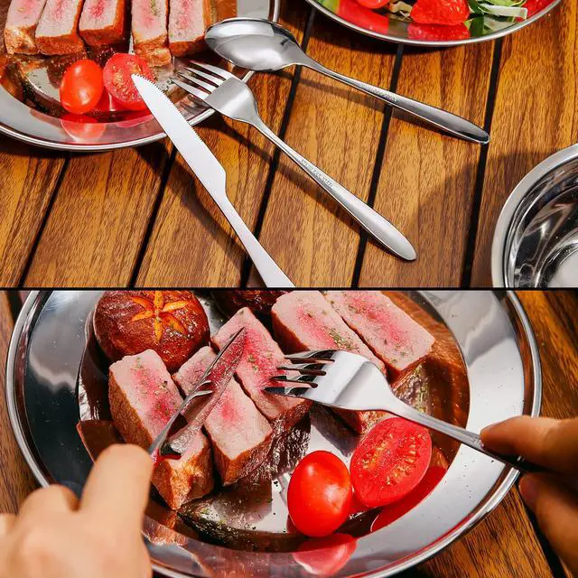 Alt view image 5 of 7 - 29pcs Stainless Steel Utensils Camping Mess Kits with Bowls Plates Cups Forks Spoons and Knives for 4, Camping Cutlery Set for Backpacking, Outdoor Hiking and Picnic
