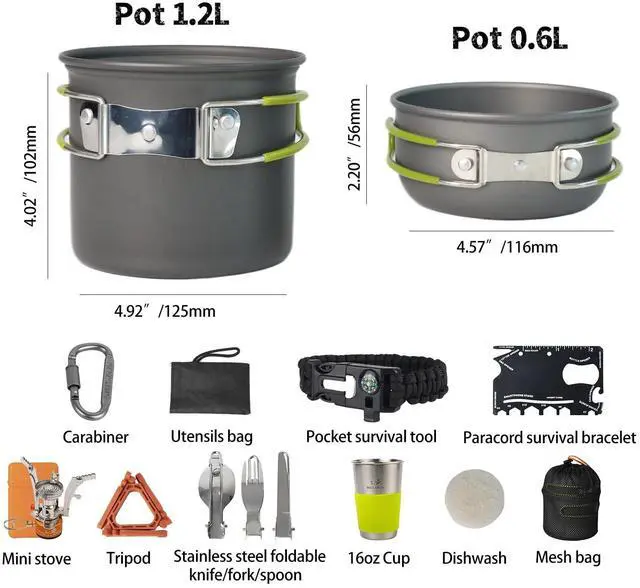 Alt view image 2 of 7 - Camping Cookware Mess Kit, 16 pcs Backpacking Cooking Set, Lightweight Camping Pots and Stove Set for 1-2 Person, Outdoor Cooking Gear Ideal for Camping, Hiking, Backpacking and Picnic