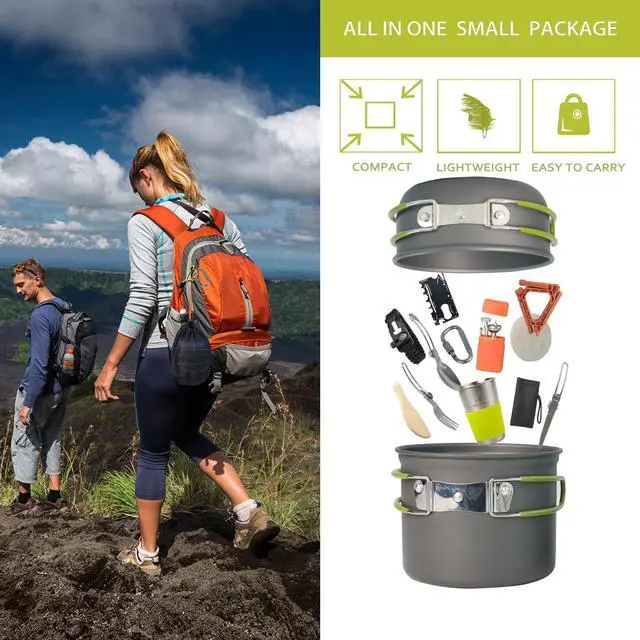 Alt view image 6 of 7 - Camping Cookware Mess Kit, 16 pcs Backpacking Cooking Set, Lightweight Camping Pots and Stove Set for 1-2 Person, Outdoor Cooking Gear Ideal for Camping, Hiking, Backpacking and Picnic