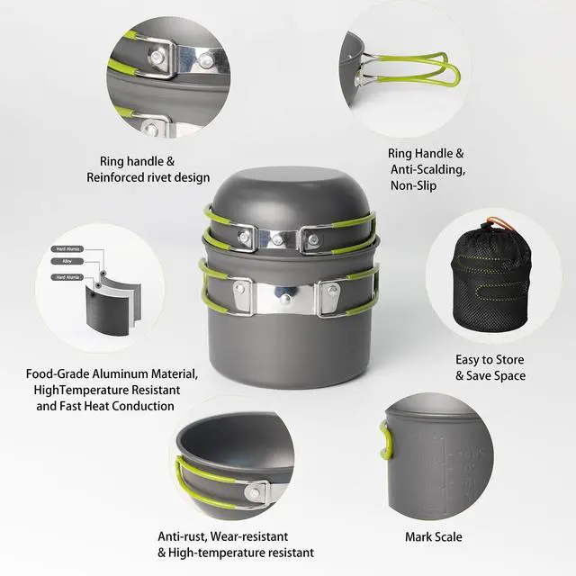 Alt view image 3 of 7 - Camping Cookware Mess Kit, 16 pcs Backpacking Cooking Set, Lightweight Camping Pots and Stove Set for 1-2 Person, Outdoor Cooking Gear Ideal for Camping, Hiking, Backpacking and Picnic