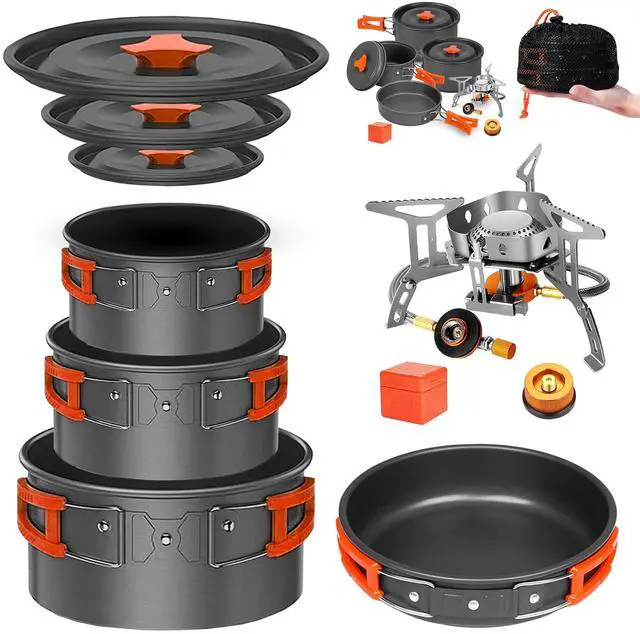 Main image of 10 Pcs Backpacking Cooking Set with Stove & Adapter - 3 Pots Large Medium Small 1 Large Pan 1 Stove 1 Adpater, Compact Non-Stick Camping Cookware Mess Kit, All in One Hiking Picnic Outdoor
