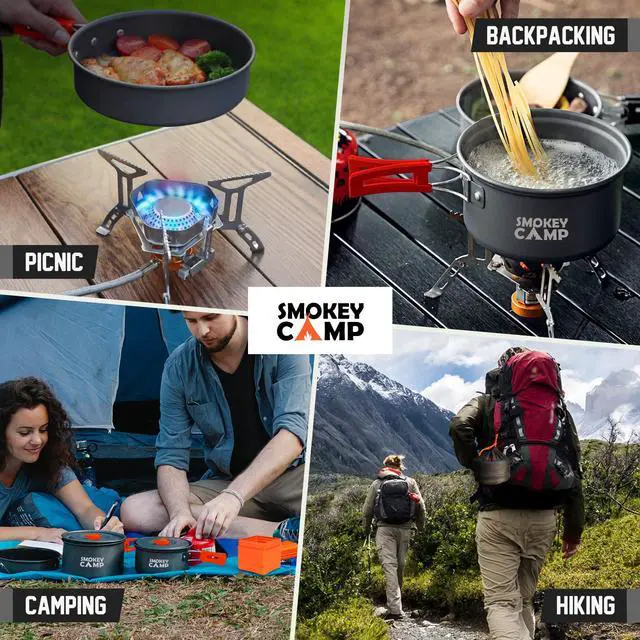 Alt view image 6 of 7 - 10 Pcs Backpacking Cooking Set with Stove & Adapter - 3 Pots Large Medium Small 1 Large Pan 1 Stove 1 Adpater, Compact Non-Stick Camping Cookware Mess Kit, All in One Hiking Picnic Outdoor
