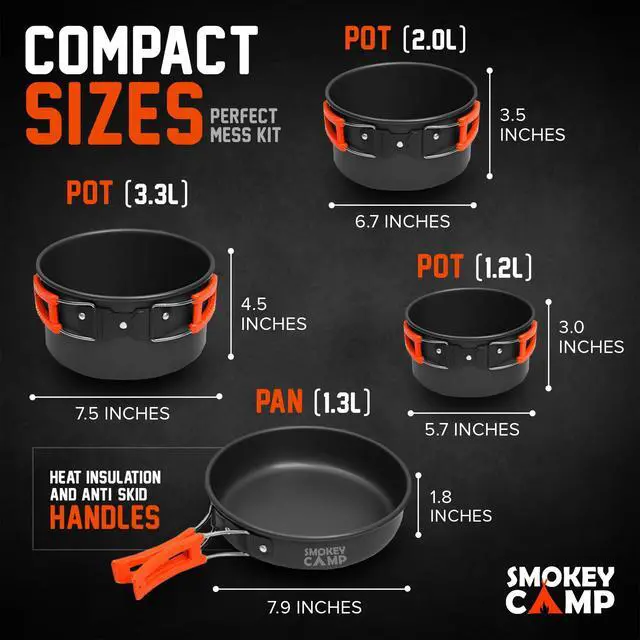 Alt view image 4 of 7 - 10 Pcs Backpacking Cooking Set with Stove & Adapter - 3 Pots Large Medium Small 1 Large Pan 1 Stove 1 Adpater, Compact Non-Stick Camping Cookware Mess Kit, All in One Hiking Picnic Outdoor
