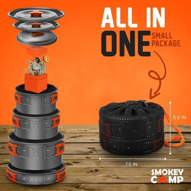 Alt view image 2 of 7 - 10 Pcs Backpacking Cooking Set with Stove & Adapter - 3 Pots Large Medium Small 1 Large Pan 1 Stove 1 Adpater, Compact Non-Stick Camping Cookware Mess Kit, All in One Hiking Picnic Outdoor