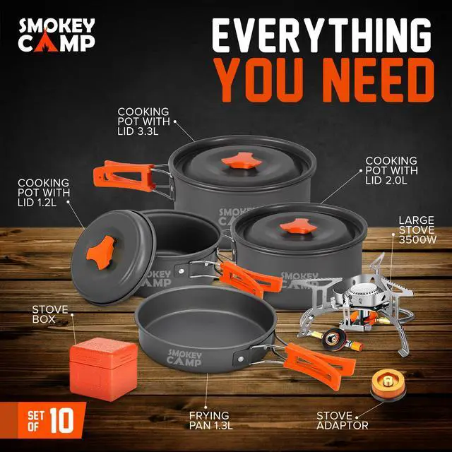 Alt view image 3 of 7 - 10 Pcs Backpacking Cooking Set with Stove & Adapter - 3 Pots Large Medium Small 1 Large Pan 1 Stove 1 Adpater, Compact Non-Stick Camping Cookware Mess Kit, All in One Hiking Picnic Outdoor