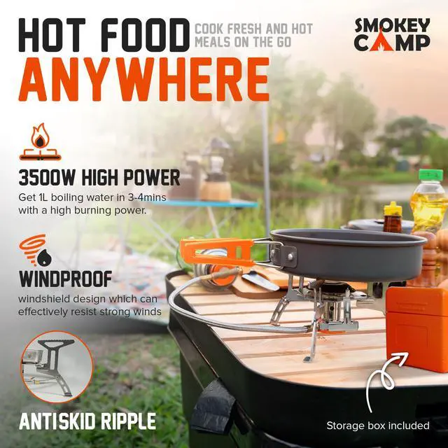 Alt view image 7 of 7 - 10 Pcs Backpacking Cooking Set with Stove & Adapter - 3 Pots Large Medium Small 1 Large Pan 1 Stove 1 Adpater, Compact Non-Stick Camping Cookware Mess Kit, All in One Hiking Picnic Outdoor