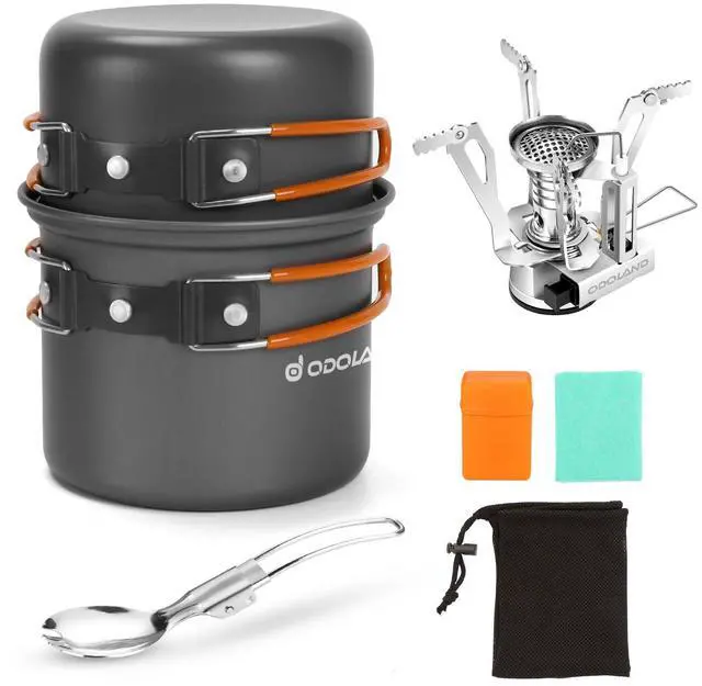 Main image of 6pcs Camping Cookware Mess Kit with Lightweight Pot, Stove, Spork and Carry Mesh Bag, Great for Backpacking Outdoor Camping Hiking and Picnic