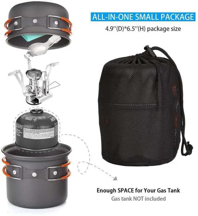 Alt view image 2 of 7 - 6pcs Camping Cookware Mess Kit with Lightweight Pot, Stove, Spork and Carry Mesh Bag, Great for Backpacking Outdoor Camping Hiking and Picnic