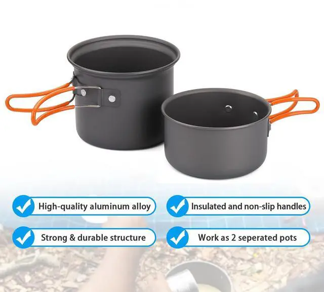 Alt view image 6 of 7 - 6pcs Camping Cookware Mess Kit with Lightweight Pot, Stove, Spork and Carry Mesh Bag, Great for Backpacking Outdoor Camping Hiking and Picnic