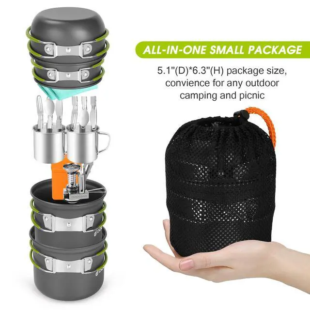 Alt view image 4 of 7 - 16pcs Camping Cookware Mess Kit, Lightweight Pot Pan Mini Stove with 2 Cups, Fork Spoon Kits for Backpacking, Outdoor Camping Hiking and Picnic