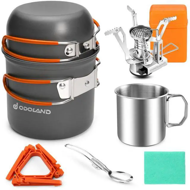 Main image of 8pcs Camping Cookware Mess Kit, Camping Pot and Pan Set with Mini Backpacking Stove, Stainless Steel Cup, Spork and Tank Bracket, Cooking Gear for Outdoor, Hiking, Picnic, Campfire, Red