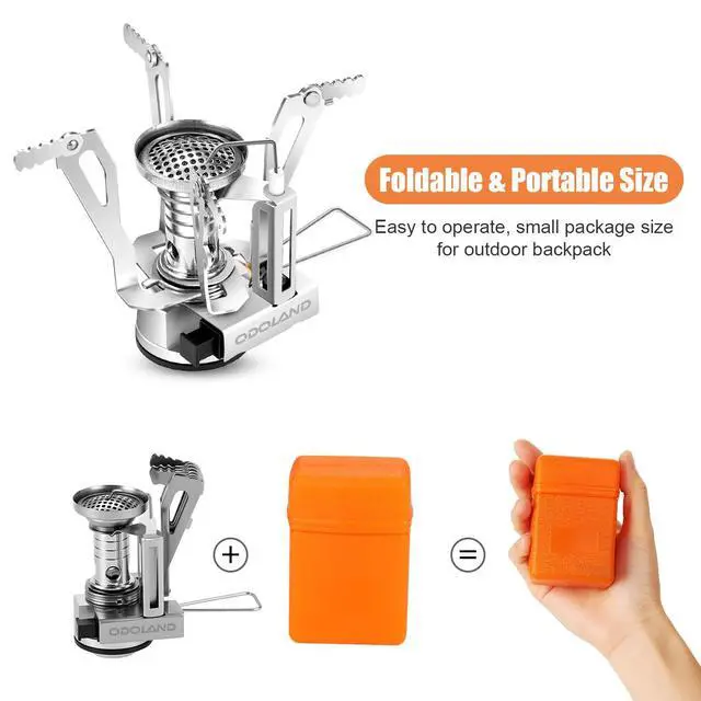 Alt view image 4 of 7 - 8pcs Camping Cookware Mess Kit, Camping Pot and Pan Set with Mini Backpacking Stove, Stainless Steel Cup, Spork and Tank Bracket, Cooking Gear for Outdoor, Hiking, Picnic, Campfire, Red
