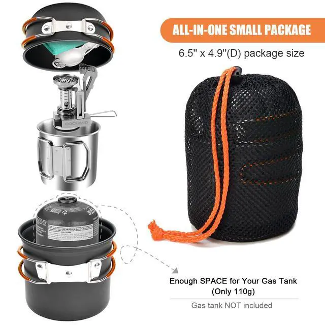 Alt view image 2 of 7 - 8pcs Camping Cookware Mess Kit, Camping Pot and Pan Set with Mini Backpacking Stove, Stainless Steel Cup, Spork and Tank Bracket, Cooking Gear for Outdoor, Hiking, Picnic, Campfire, Red