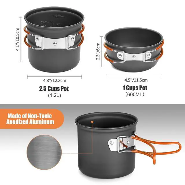 Alt view image 3 of 7 - 8pcs Camping Cookware Mess Kit, Camping Pot and Pan Set with Mini Backpacking Stove, Stainless Steel Cup, Spork and Tank Bracket, Cooking Gear for Outdoor, Hiking, Picnic, Campfire, Red