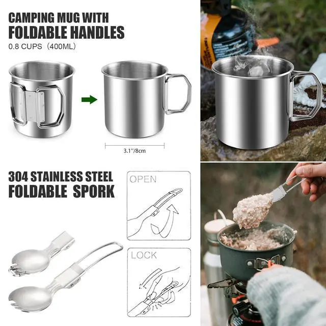 Alt view image 6 of 7 - 8pcs Camping Cookware Mess Kit, Camping Pot and Pan Set with Mini Backpacking Stove, Stainless Steel Cup, Spork and Tank Bracket, Cooking Gear for Outdoor, Hiking, Picnic, Campfire, Red