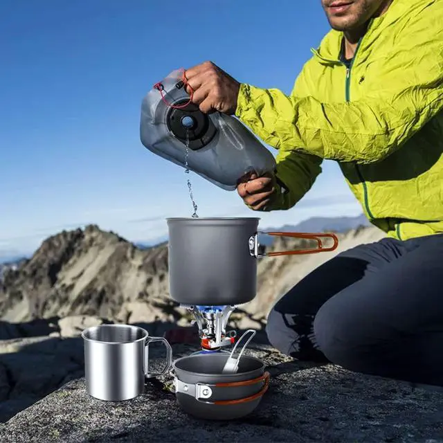Alt view image 7 of 7 - 8pcs Camping Cookware Mess Kit, Camping Pot and Pan Set with Mini Backpacking Stove, Stainless Steel Cup, Spork and Tank Bracket, Cooking Gear for Outdoor, Hiking, Picnic, Campfire, Red